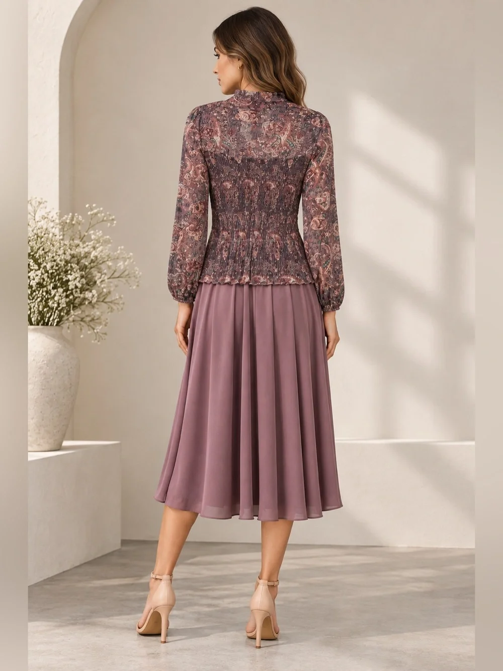 Liz Roberts Vintage Mauve Paisley Midi Dress Size 16